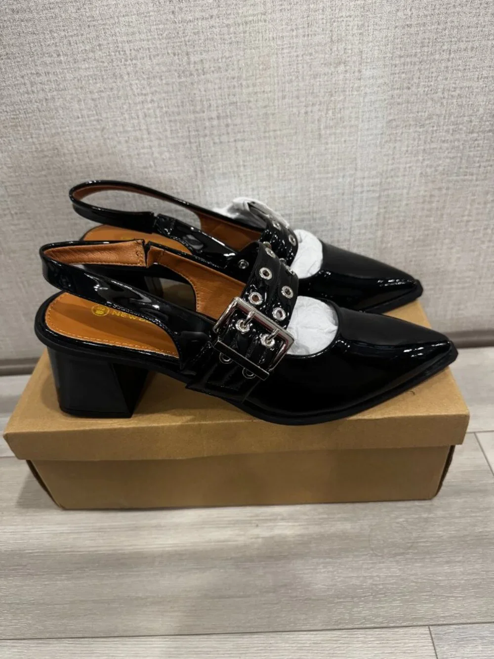 NEWBELLA Black Patent Mary Jane Slingback | Grommet Buckle | Block Heel 8.5 NIB - Picture 8 of 15